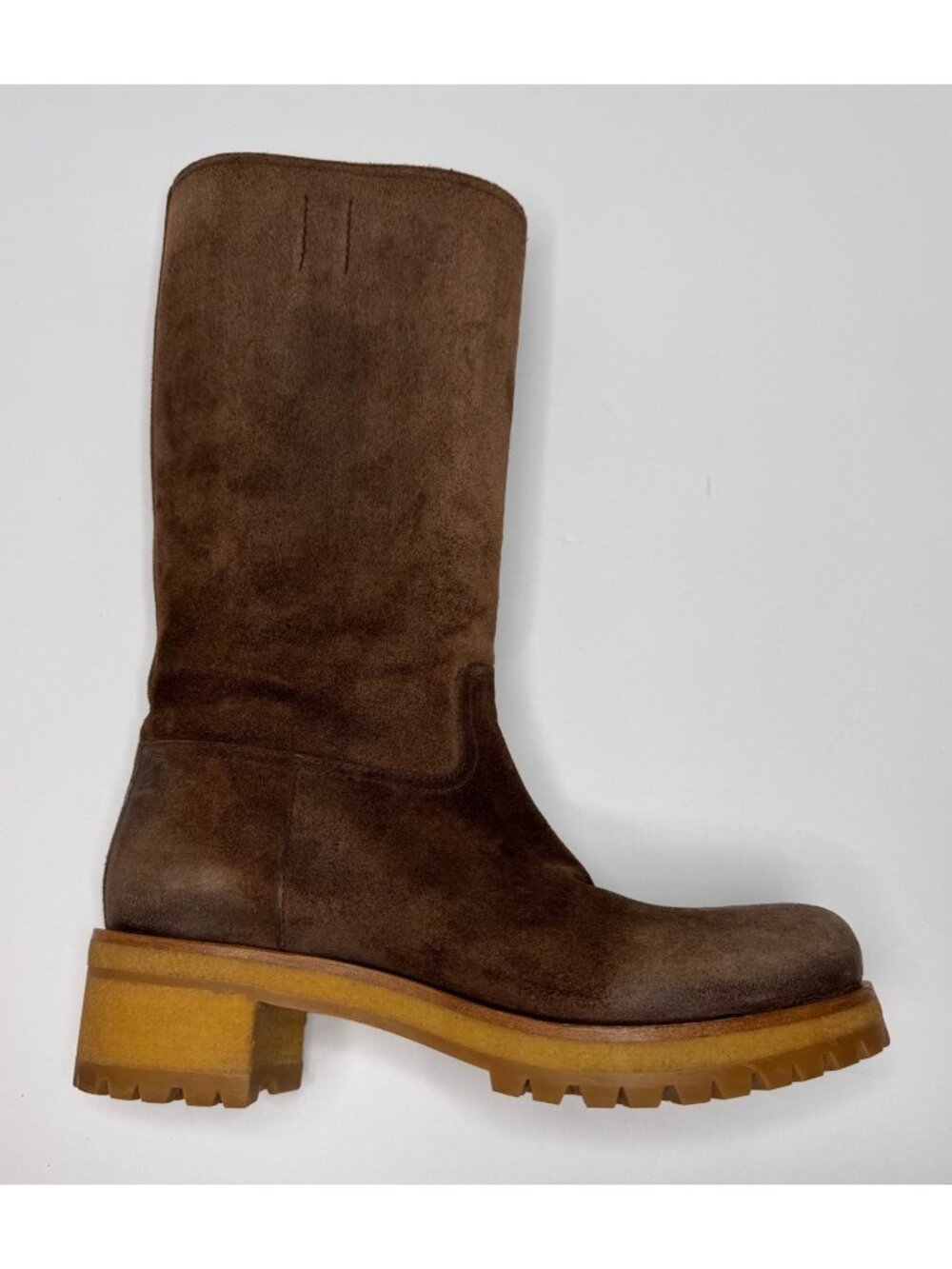 Vintage Prada Milano Brown Suede Calf Knee Lug Sole Moto Rugged Boots 38.5 US8.5 - Picture 4 of 16